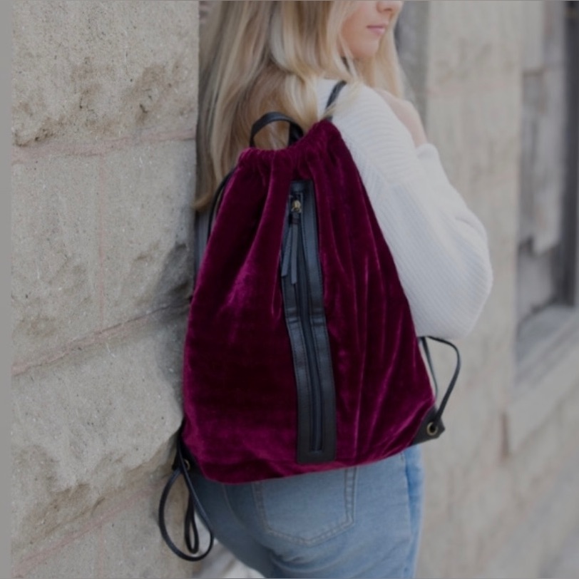10 Bags Total - Velvet Drawstring Backpack - Burgundy & Black